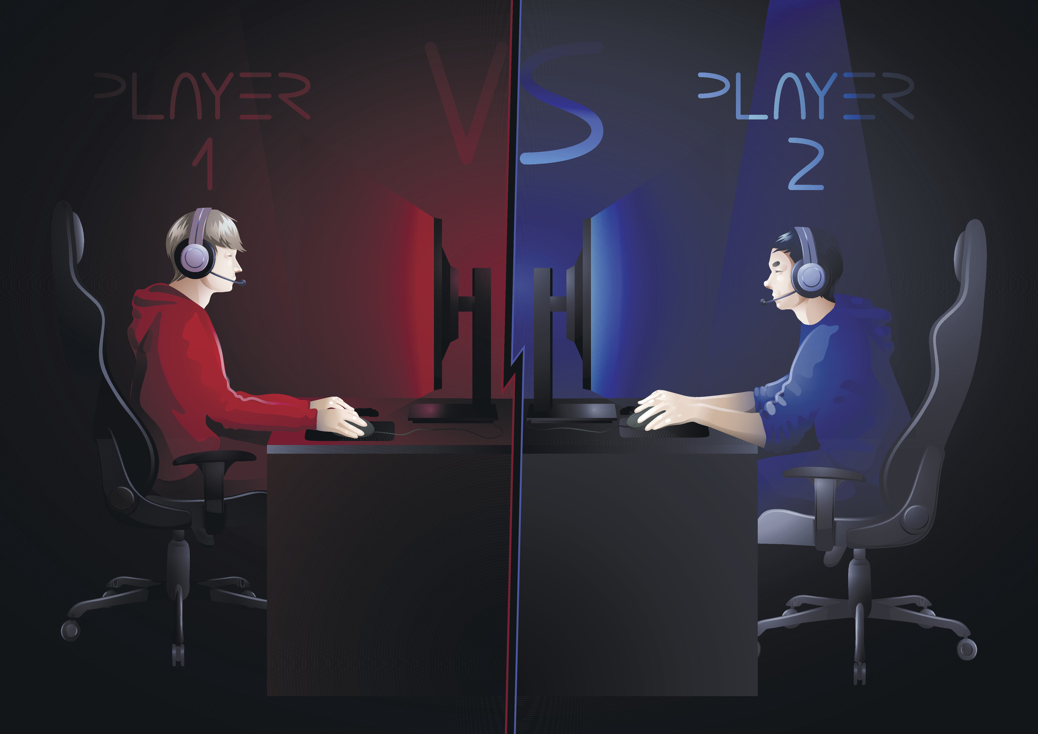Illustration of two video game players, one on the red team and one on the blue team, playing against each other in desks facing each other.