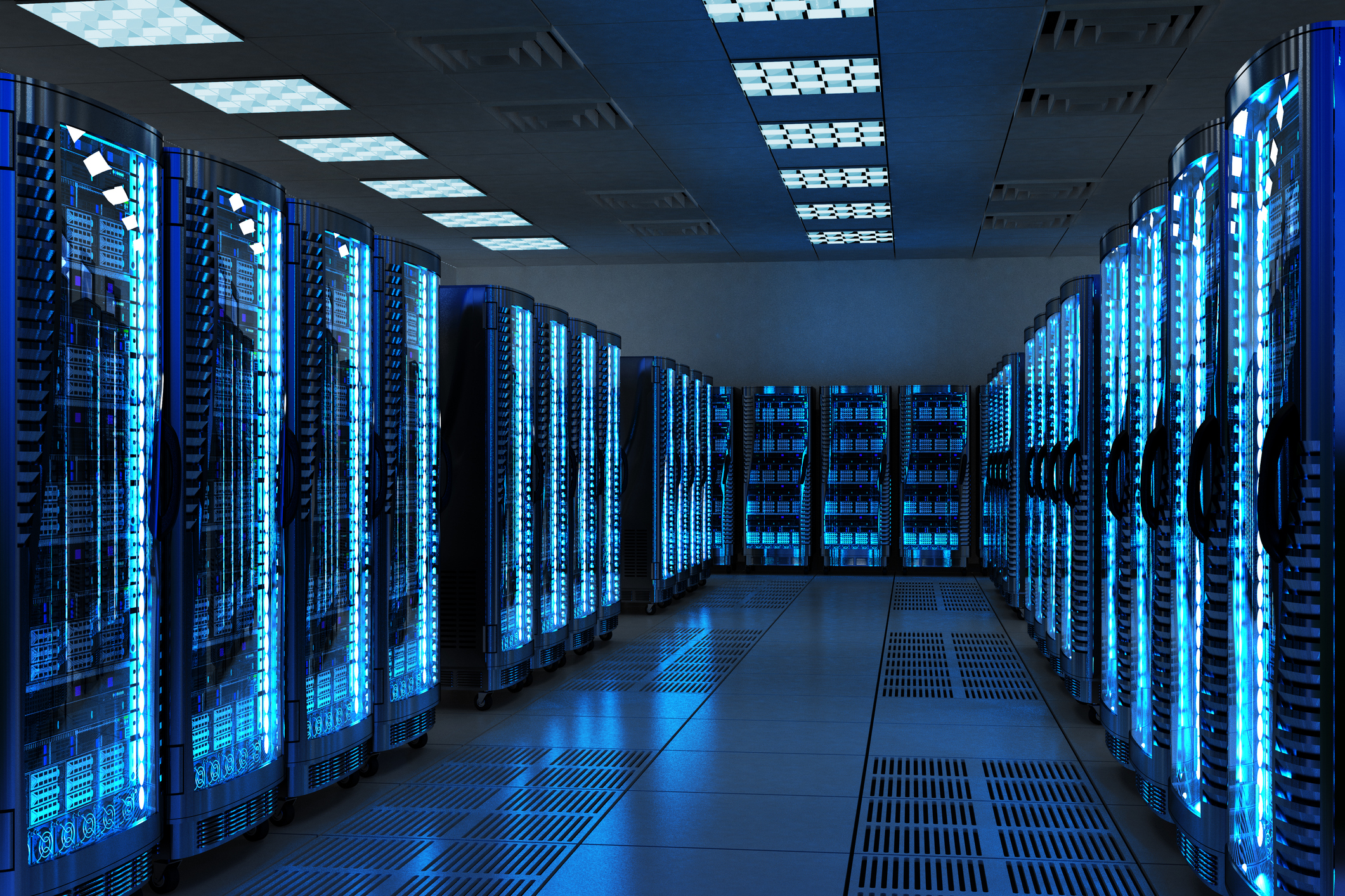 Interior of a data center showing racks of equipment.