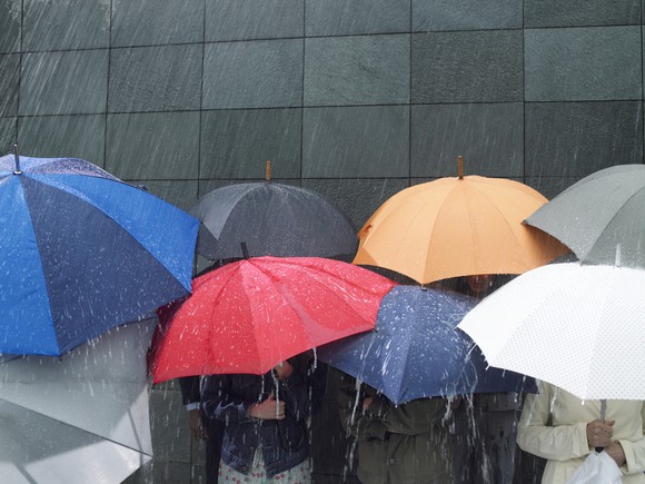 Rain pouring down on people holding umbrellas.