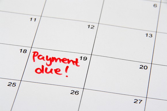 A close up on a calendar with "payment due!" written on the 19th.
