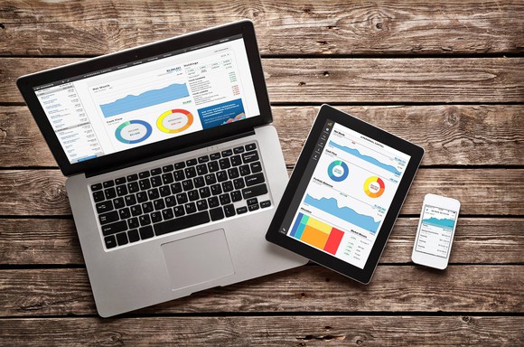The Personal Capital dashboard on a laptop, tablet, and smartphone on a wood table.