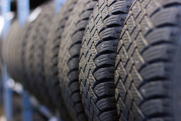 Replacement tires stored on a rack