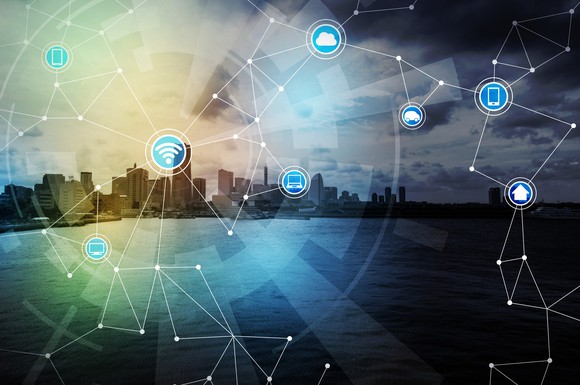 City skyline overlaid with a web of wireless connections.