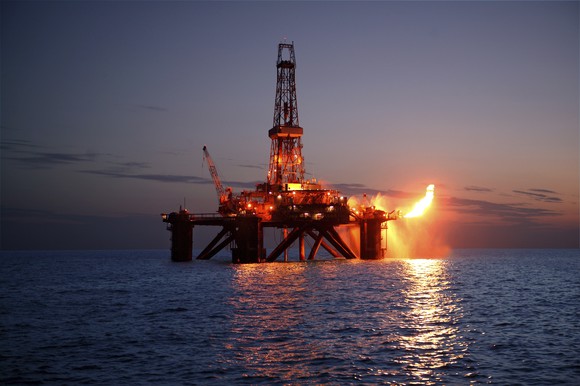 An offshore drilling rig flaring natural gas.