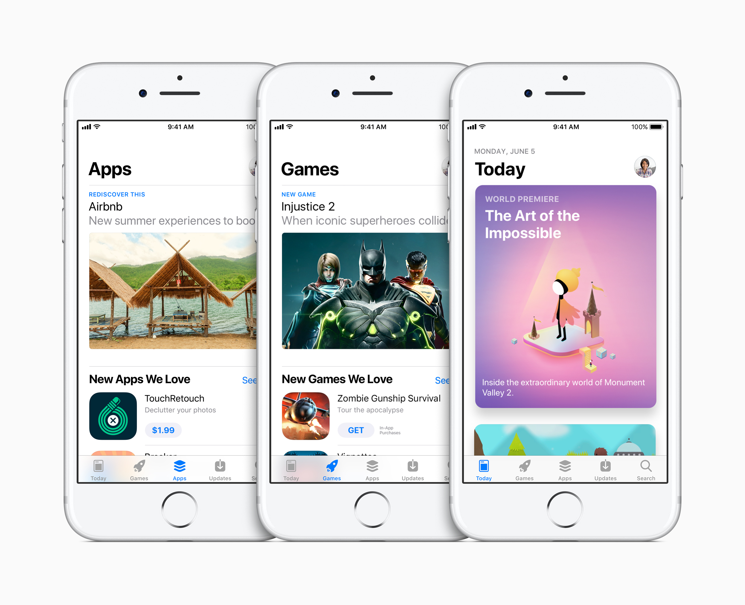 Three Apple iPhones displaying different portions of the Apple App Store.