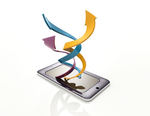 Smartphone on plain white background, with three colorful arrows spiraling up and out of the screen.