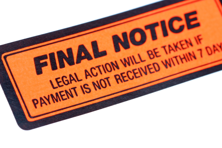 An orange and black "Final Notice" sticker, threatening legal action if payment is not received.