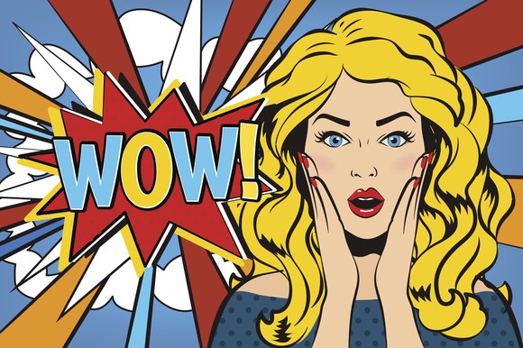 Comic-like illustration of blonde woman with hands on cheeks, surprised, and the word "wow!"