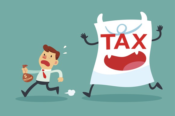 Cartoon depicting sheet of paper labeled "tax" chasing a man holding a bag of money