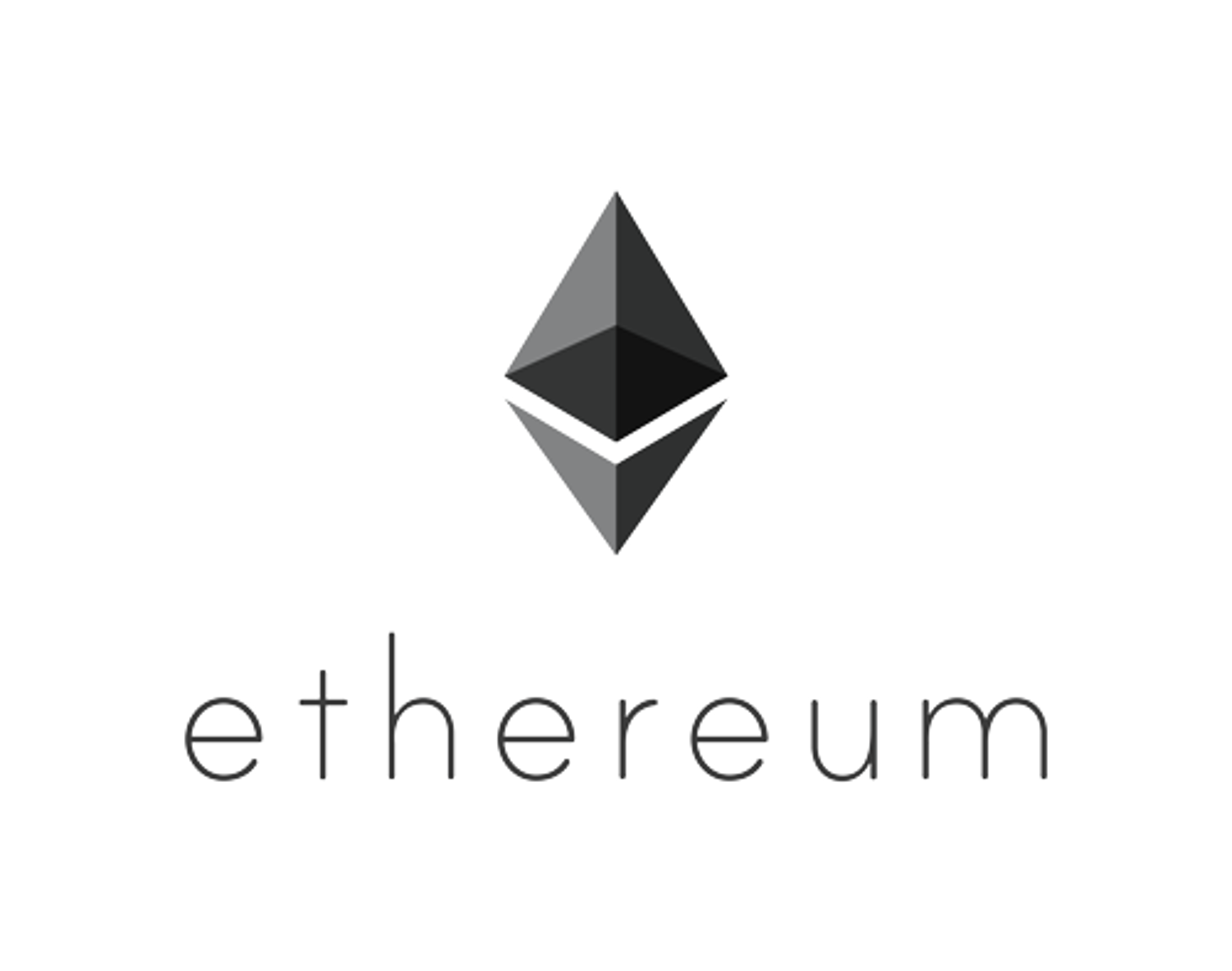 Ethereum logo, grayscale on a blank field.