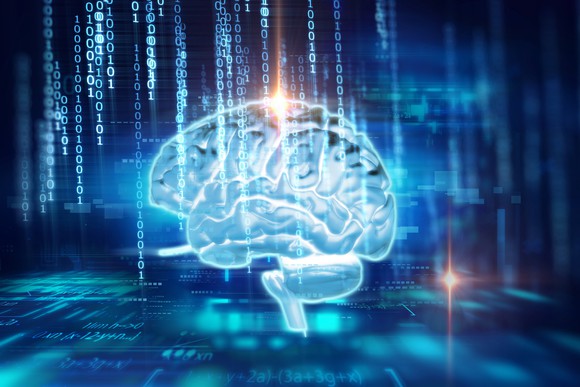 Outline of a human brain on a digital background -- concept for artificial intelligence (AI).