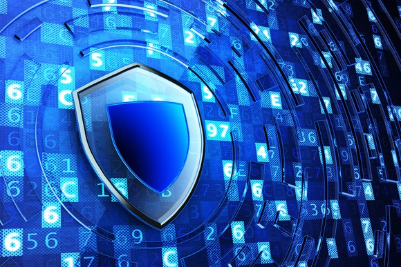 Graphic of blue shield, representing cyber-security