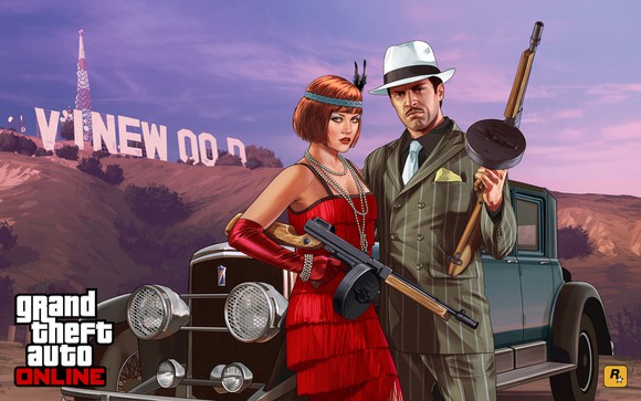 Grand Theft Auto game art depicting a man and woman dressed in 1920's attire holding machine guns.