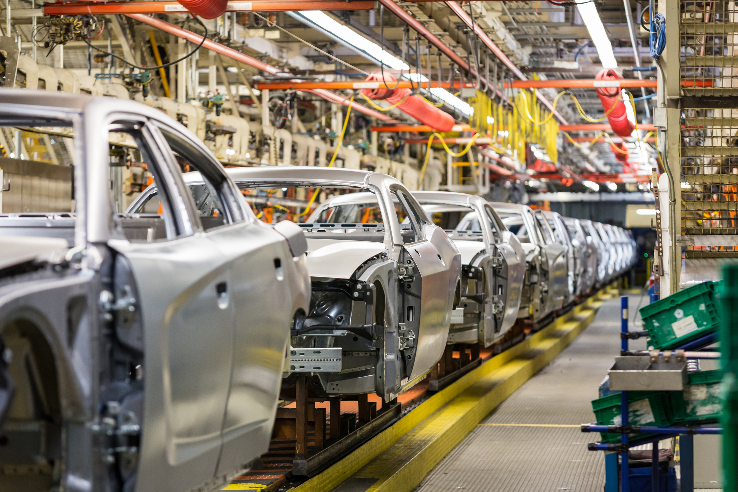 Dodge Chargers and Challengers on an assembly line at FCA's assembly plant in Brampton, Ontario, Canada.