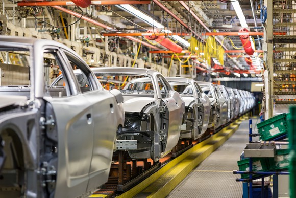 Dodge Chargers and Challengers on an assembly line at FCA's assembly plant in Brampton, Ontario, Canada.