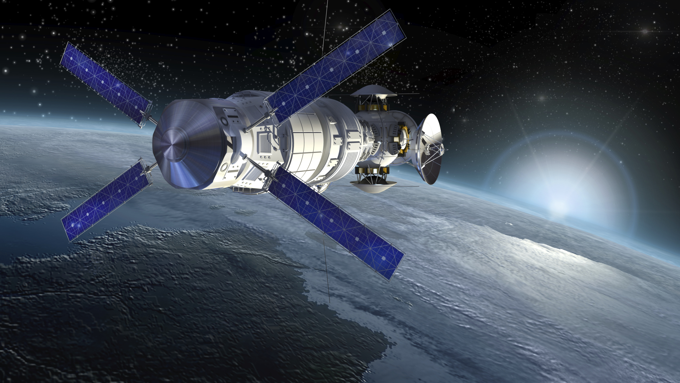 A satellite, equipped with solar panels and antenna dishes, circling the Earth.