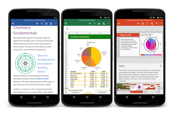 3 Android phones running Word, Excel, and Powerpoint