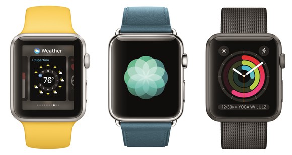Three Apple Watches side-by-side.