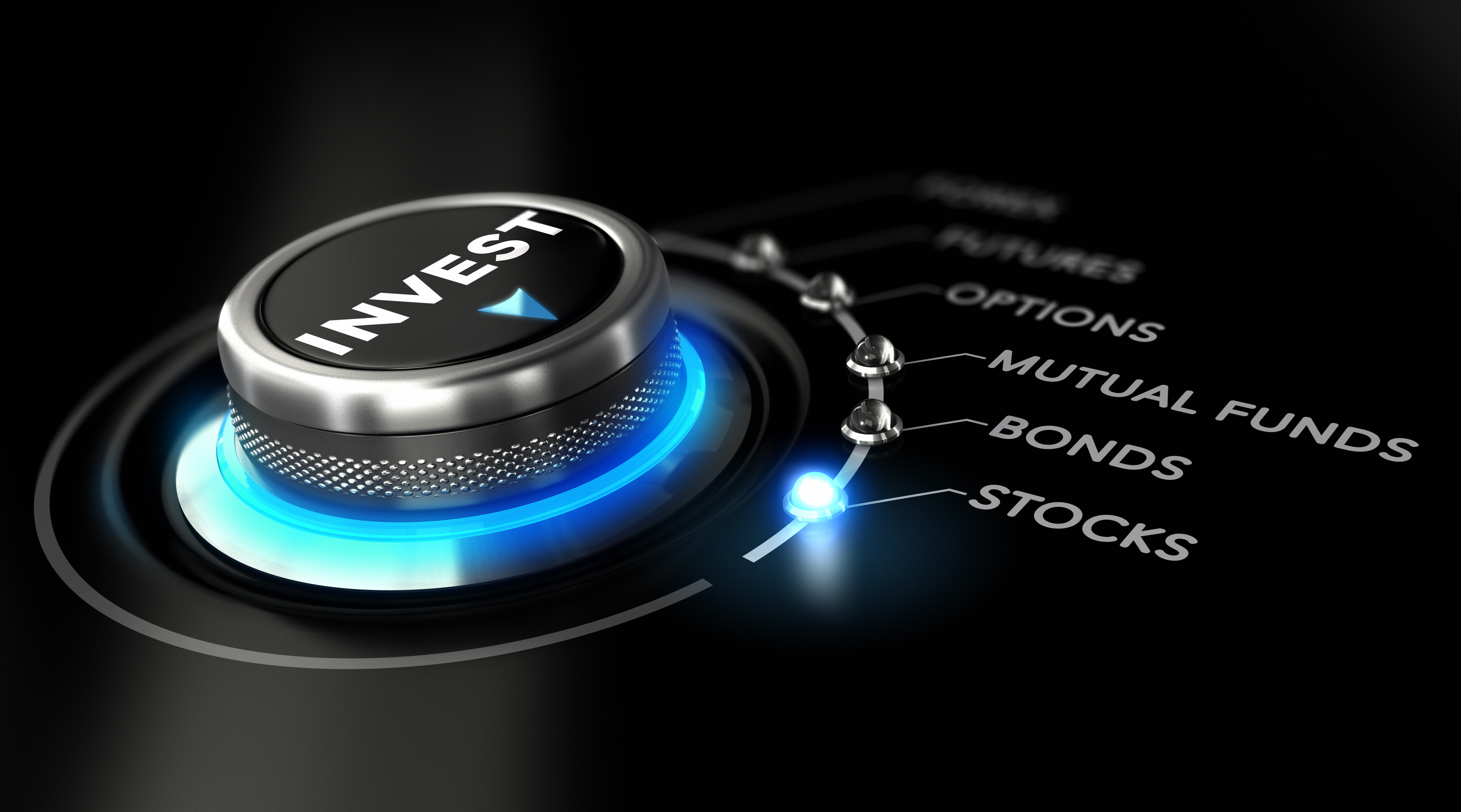 A dial with the word invest on it, pointing to "Stocks" on a list that shows several different investment types