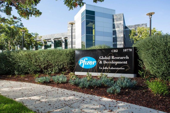 Pfizer's corporate headquarters on a bright, sunny day.