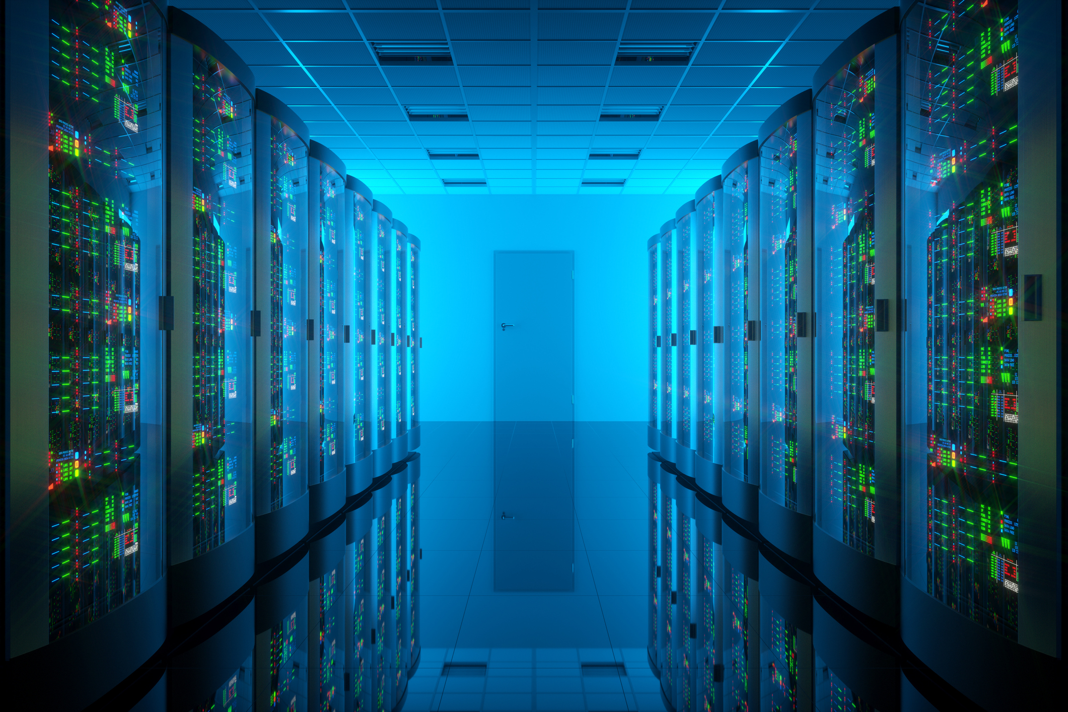 Interior of a data center -- a corridor with servers in stacks on both sides.