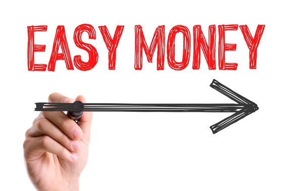 "easy money" printed on a white background, with a hand drawing an arrow under it, pointing to the right