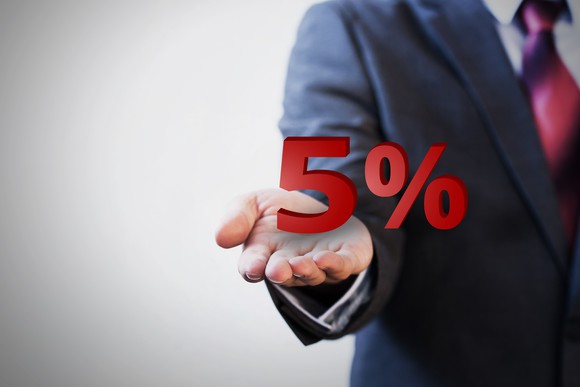 Man dressed in suit with red 5% on his outstretched hand