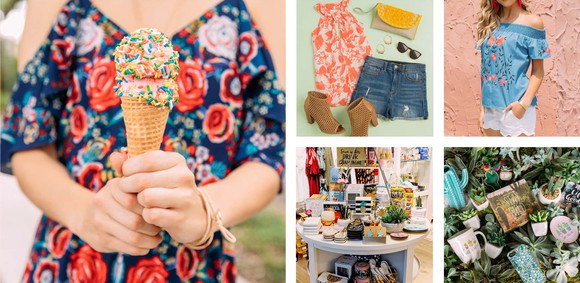 Francesca's clothing collage, colorful women's clothing and accessories