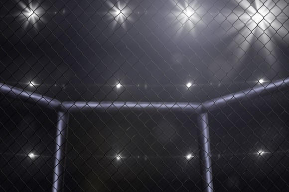Empty Mixed Martial Arts arena side view under lights.