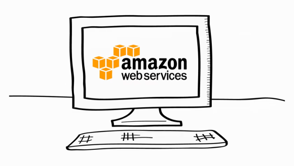Amazon Web Services logo, displayed on a line drawing of a desktop computer screen.