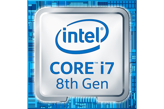 Large square representing a computer chip that says "intel, CORE i7, and 8th Gen on it.