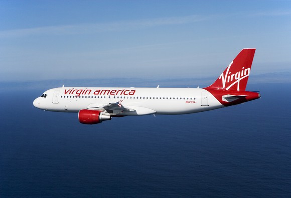A Virgin America plane in flight.