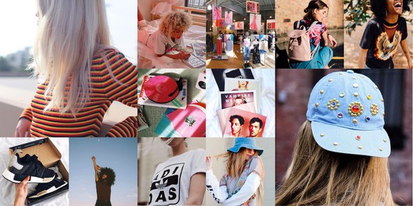 A collage of Urban Outfitters products, including shirts, hats, and shoes