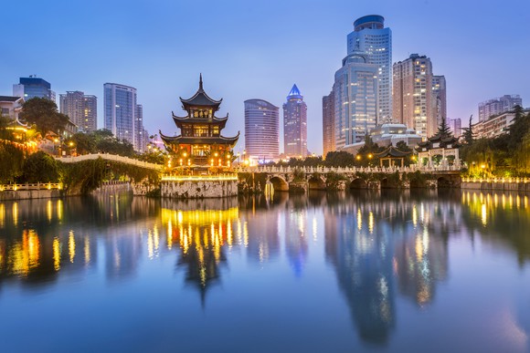 Cityscape of Guiyang, China at night.