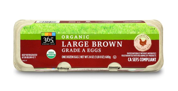 Carton of organic large brown Grade A eggs.