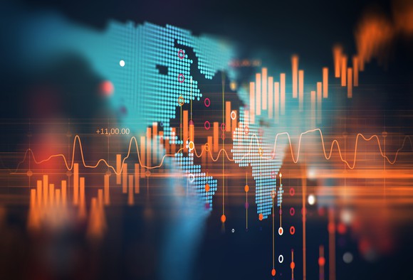A map with a chart of a rising market overlaid on a map image.
