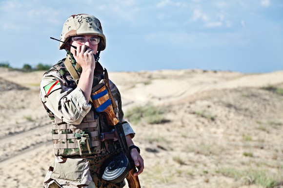 Soldier talking on radio