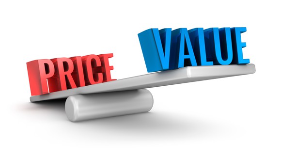 A seesaw showing the words price and value at opposing ends.