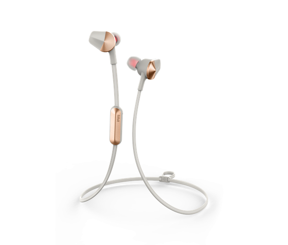 The new Fitbit Flyer headphones, displayed in white and gold.