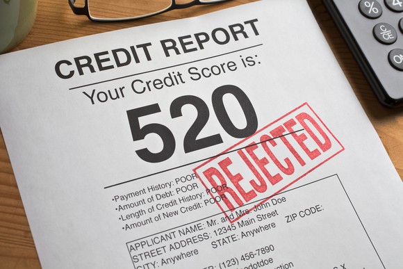 Credit report with score of 520 and "rejected" stamped on the page.