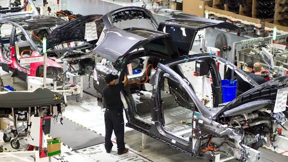 Model S and X on Tesla's assembly line at its vehicle factory