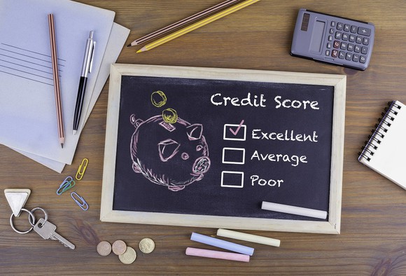 Photo of chalkboard with a check mark next to "excellent" credit