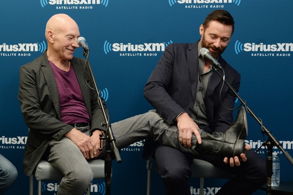 Patrick Stewart and Hugh Jackman at a Sirius XM Town Hall interview.