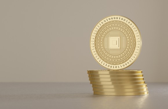 stack of gold coins with ones and zeros on them