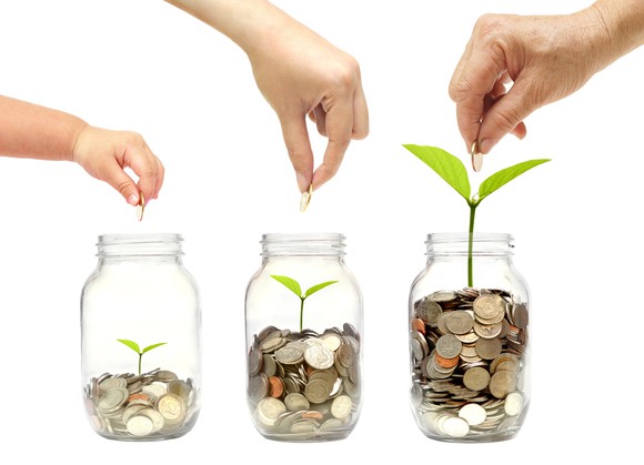 Three coin jars on a white background. As the number of coins in each jar grows, so does a green sprout growing out of the jar and the hand dropping in new coins looks older.