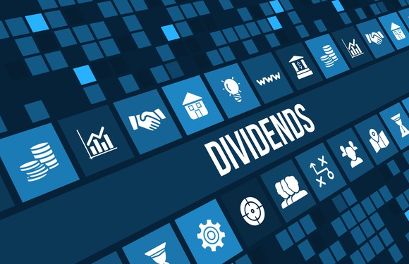 Word "dividends" on a blue background with sector symbols.