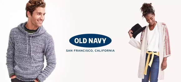 A man and a woman standing, with the Old Navy logo in between.