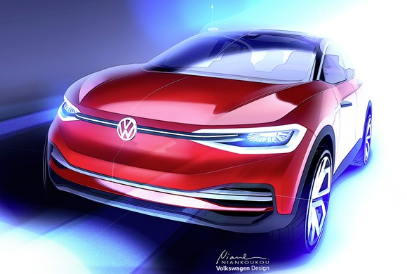 An artist's rendering of a small red VW crossover, shown from the front.