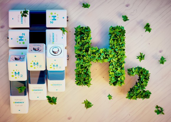 Batteries in a stack with H-2 laid out in leaves.