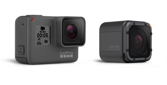 GoPro's HERO5 Black and HERO5 Session cameras against a white background.